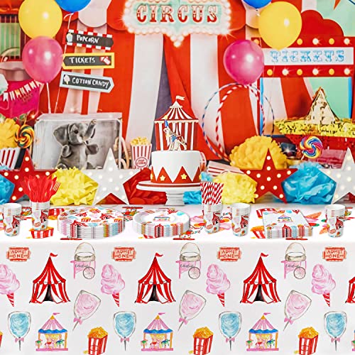 HIPVVILD Circus Theme Tablecloths 4 Pack - 54x108 Inch Disposable Plastic Table Cover for Carnival Birthday Parties