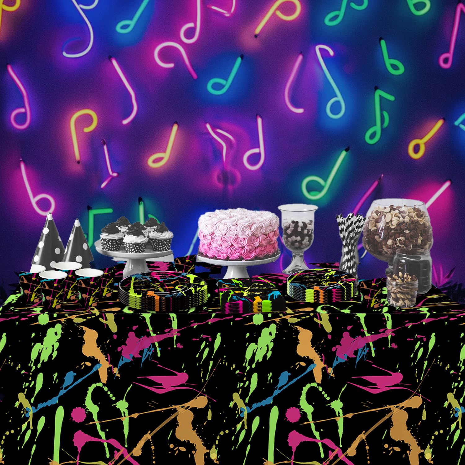 HIPVVILD Neon Party Tablecloths - 4 Pack Disposable Glow Graffiti Table Cover 54x108 Inches