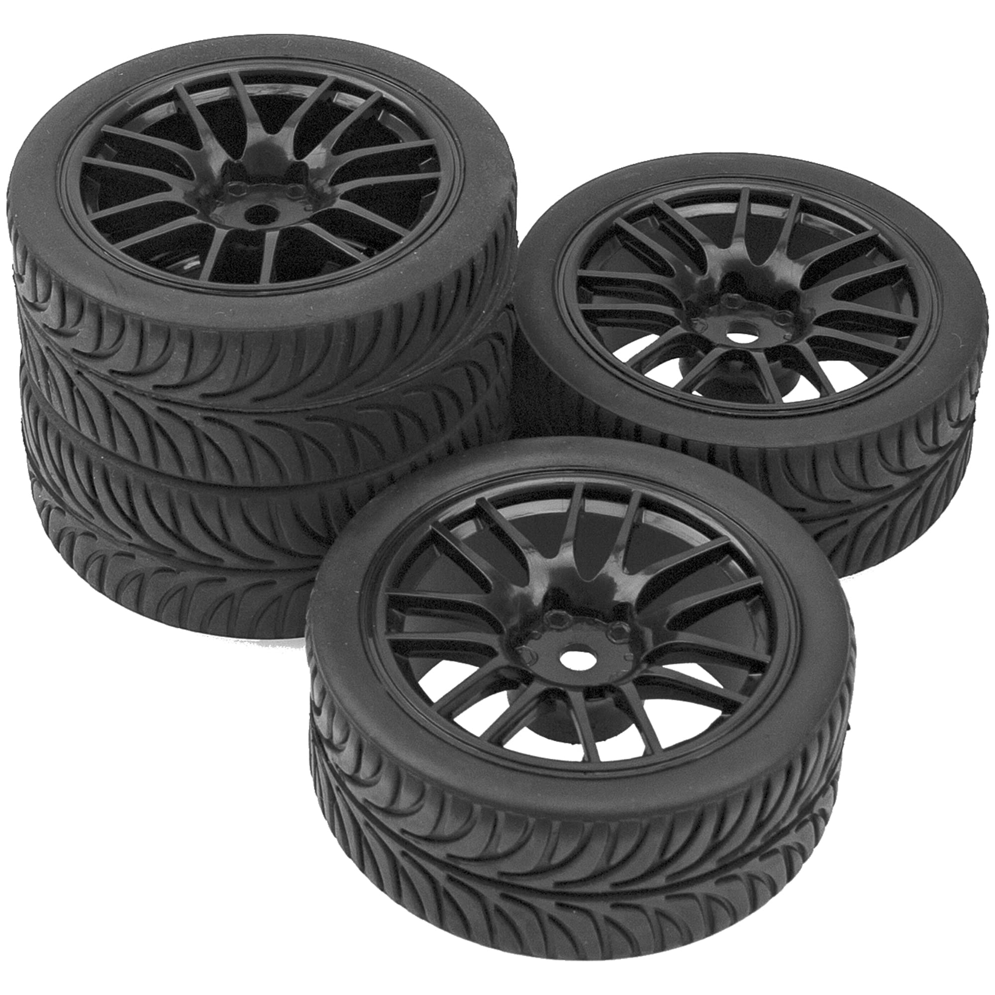 HIRCQOO 2.55 Inch Rubber RC Tires with Plastic Rims 12mm Hex for 1/10 On-Road Touring Cars and 1/14 1/16 1/18 Models (Black)