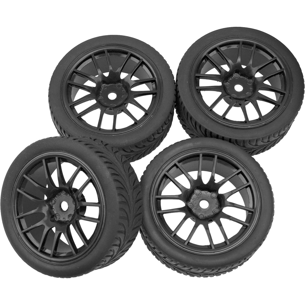 HIRCQOO 2.55 Inch Rubber RC Tires with Plastic Rims 12mm Hex for 1/10 On-Road Touring Cars and 1/14 1/16 1/18 Models (Black)