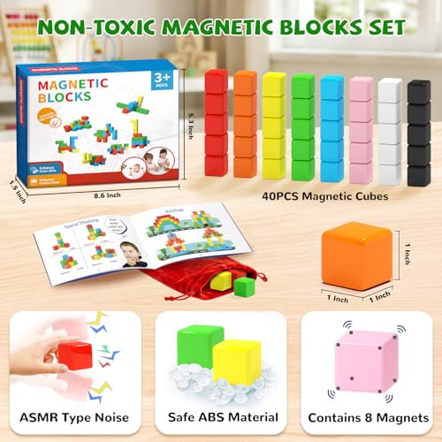 Hiwawind 40pc Magnetic Cubes: Safe STEM Building Blocks for Kids Ages 3-6 with Satisfying Click Sounds