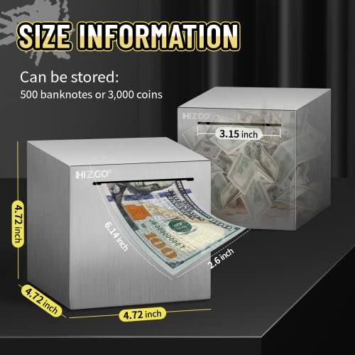hizgo 4.7-Inch Stainless Steel Piggy Bank – Break-to-Access Savings Cube with Free Stickers