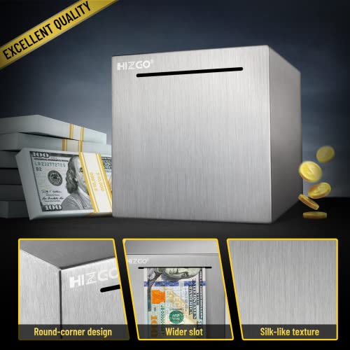 hizgo 4.7-Inch Stainless Steel Piggy Bank – Break-to-Access Savings Cube with Free Stickers