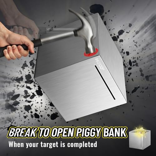 hizgo 4.7-Inch Stainless Steel Piggy Bank – Break-to-Access Savings Cube with Free Stickers