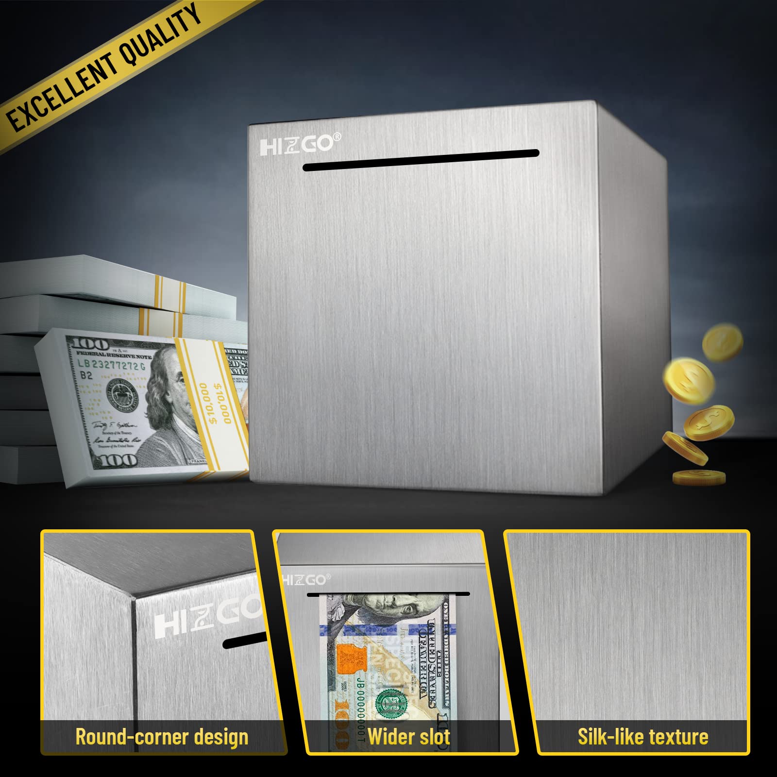 hizgo 4.7-Inch Stainless Steel Piggy Bank – Break-to-Access Savings Cube with Free Stickers