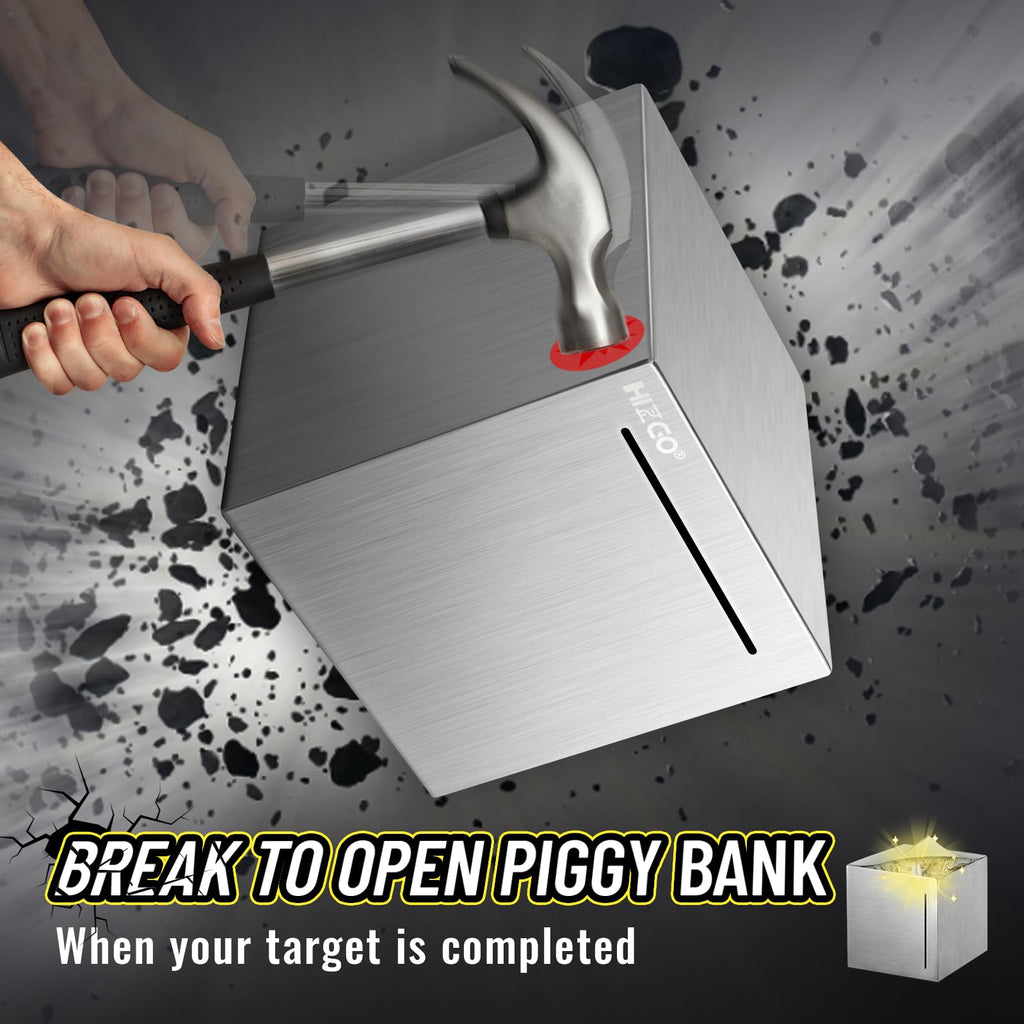 hizgo 4.7-Inch Stainless Steel Piggy Bank – Break-to-Access Savings Cube with Free Stickers