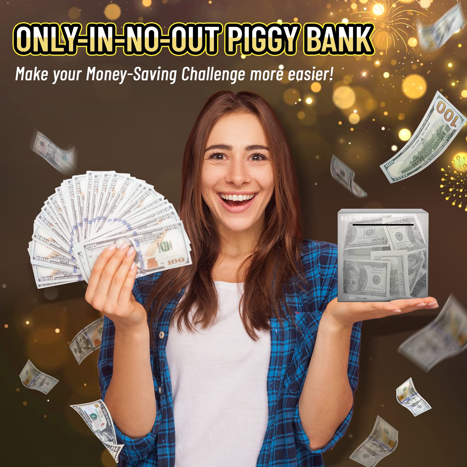 hizgo 4.7-Inch Stainless Steel Piggy Bank – Break-to-Access Savings Cube with Free Stickers