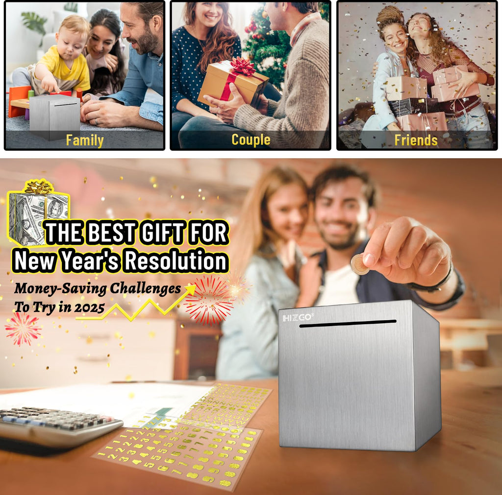 hizgo 4.7-Inch Stainless Steel Piggy Bank – Break-to-Access Savings Cube with Free Stickers