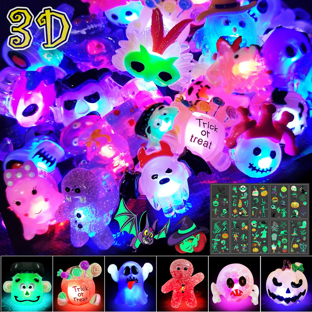 HJZIZI 38-Piece Halloween Party Favors: 28 LED Flashing Rings & 10 Glow Tattoos, Non-Candy Treats for Kids