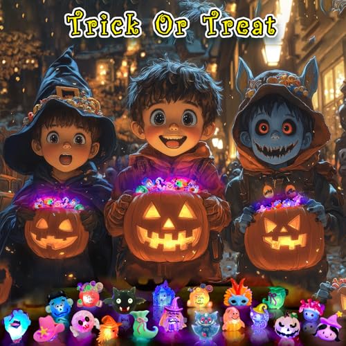 HJZIZI 38-Piece Halloween Party Favors: 28 LED Flashing Rings & 10 Glow Tattoos, Non-Candy Treats for Kids