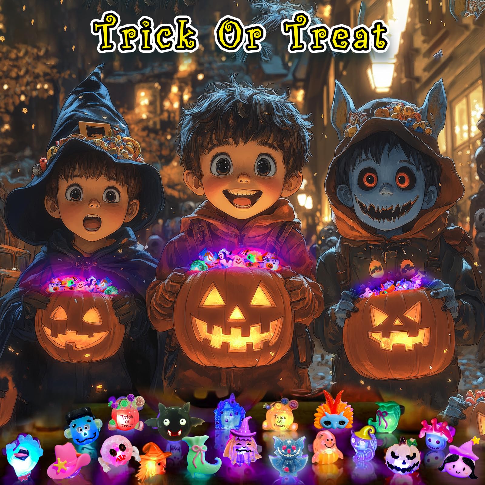 HJZIZI 38-Piece Halloween Party Favors: 28 LED Flashing Rings & 10 Glow Tattoos, Non-Candy Treats for Kids