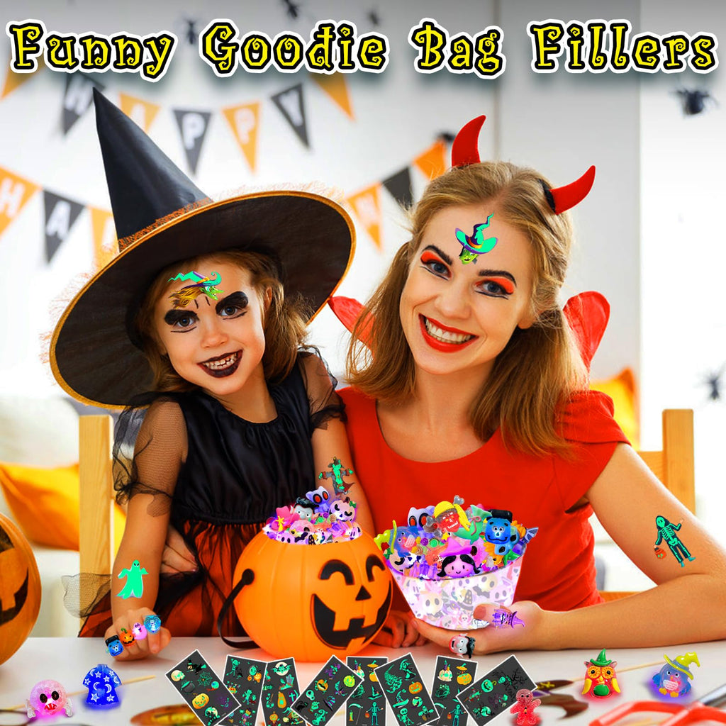 HJZIZI 38-Piece Halloween Party Favors: 28 LED Flashing Rings & 10 Glow Tattoos, Non-Candy Treats for Kids