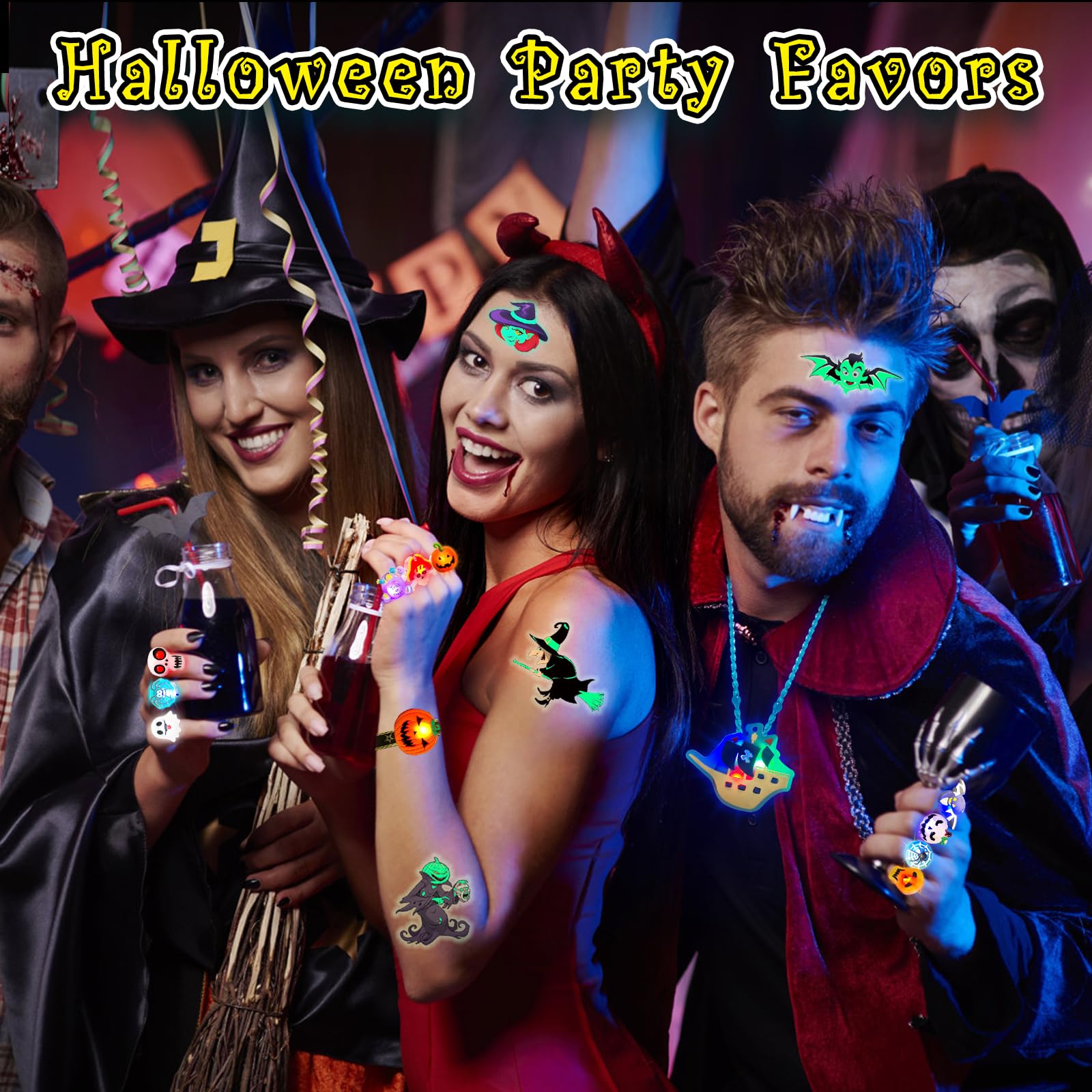 HJZIZI 38-Piece Halloween Party Favors: 28 LED Flashing Rings & 10 Glow Tattoos, Non-Candy Treats for Kids