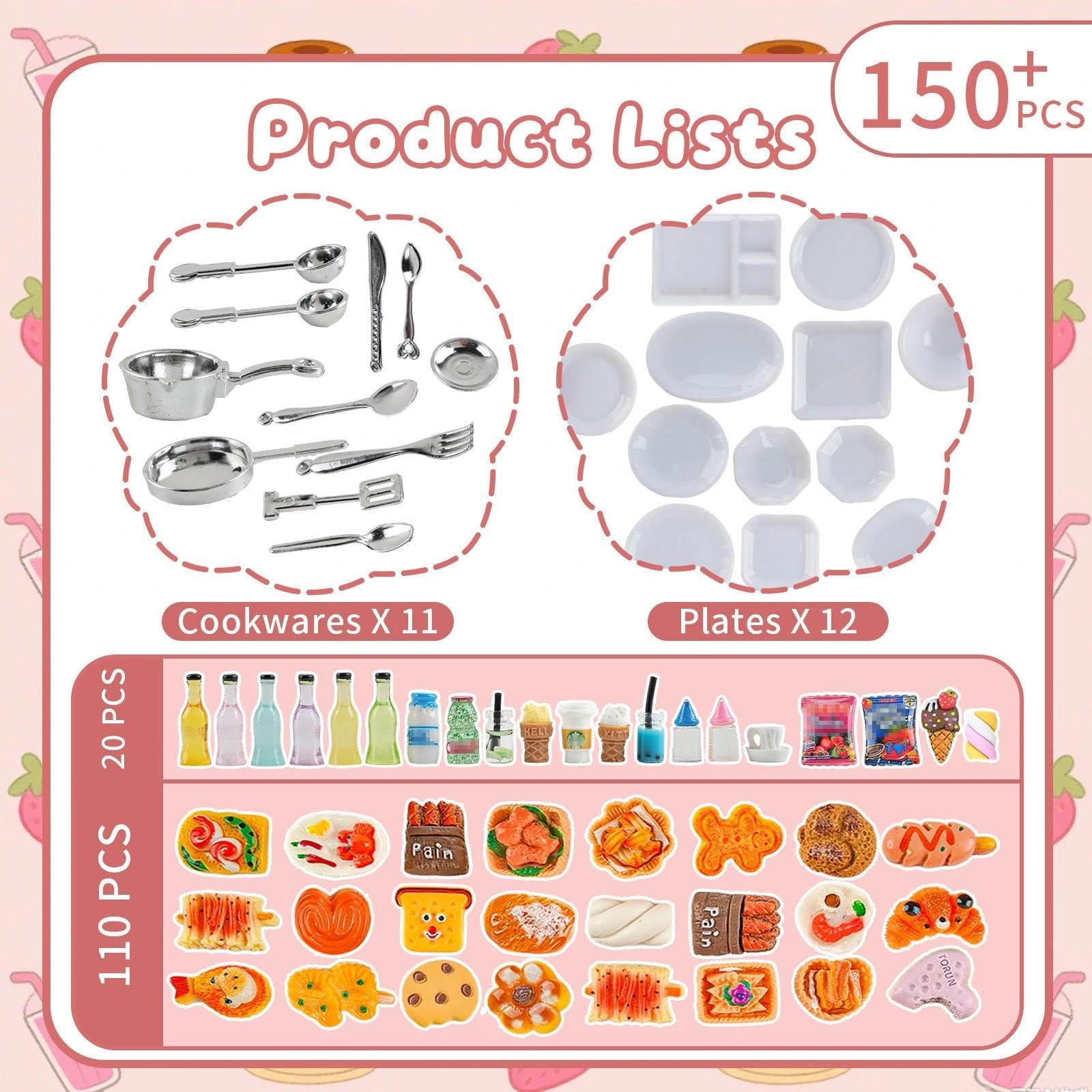 HKLMRO 150-Piece Resin Miniature Food and Drink Set for Dollhouse Pretend Play