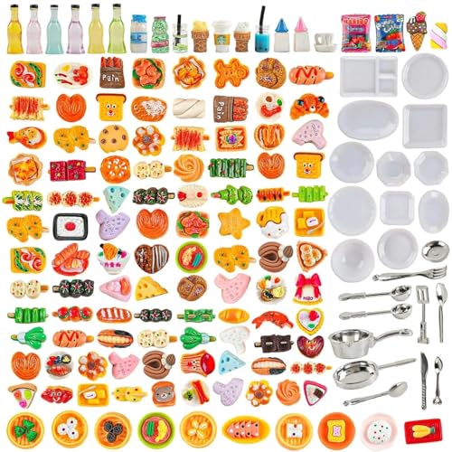 HKLMRO 150-Piece Resin Miniature Food and Drink Set for Dollhouse Pretend Play