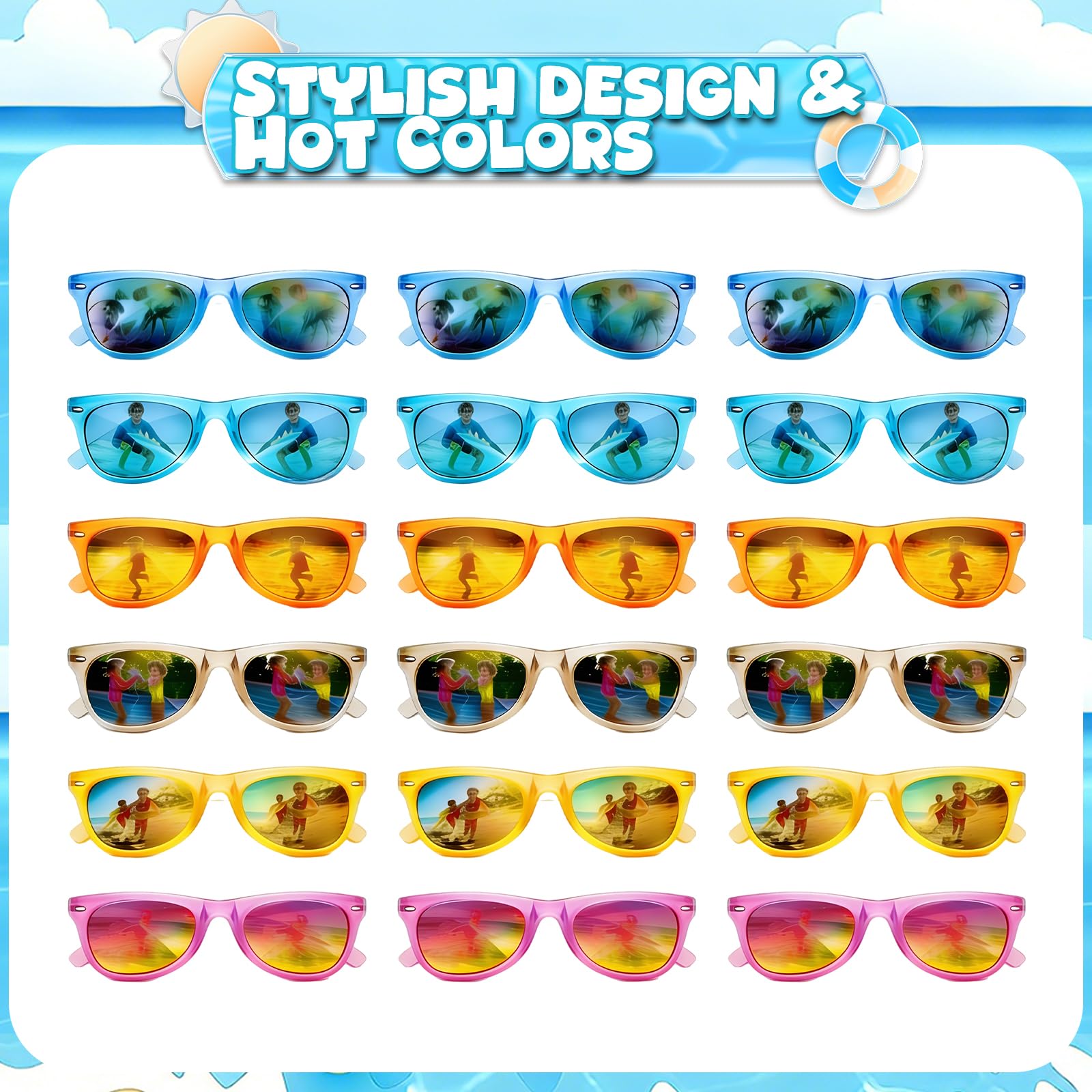 Hldgras 18 Pack Kids Sunglasses - UV400 Polarized Neon Party Favors for Ages 3-8