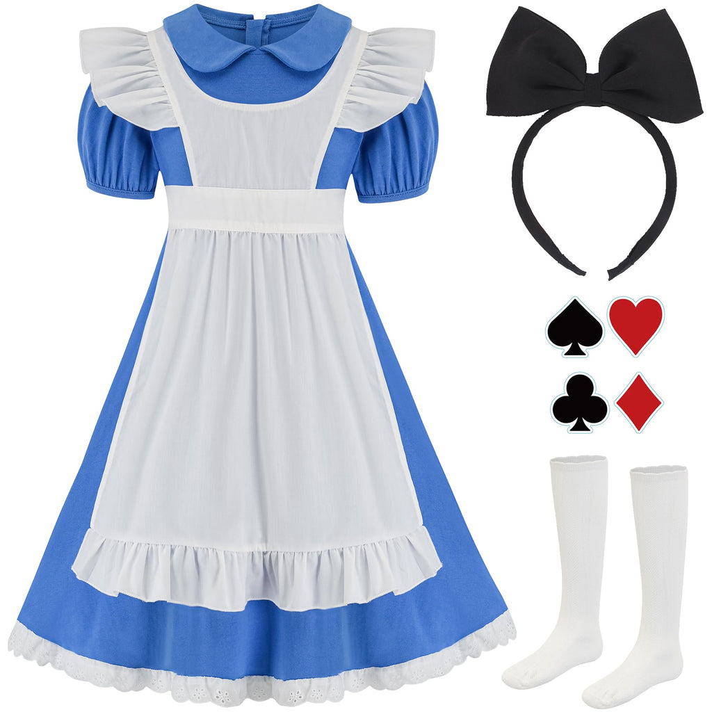 HMPRT Girls Halloween Costume Set – Blue Peter Pan Dress, Apron, Headband, Socks & Stickers