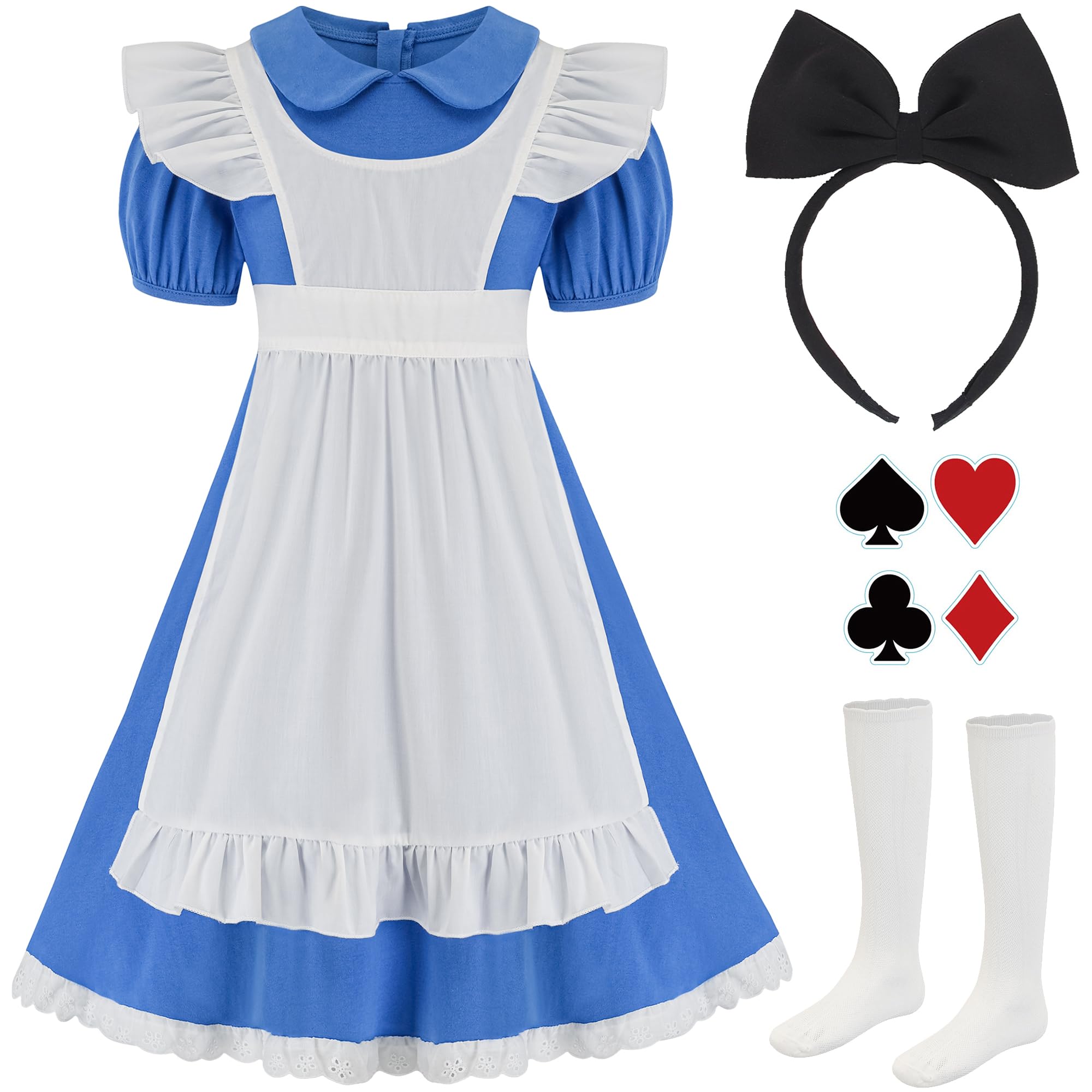 HMPRT Girls Halloween Costume Set – Blue Peter Pan Dress, Apron, Headband, Socks & Stickers