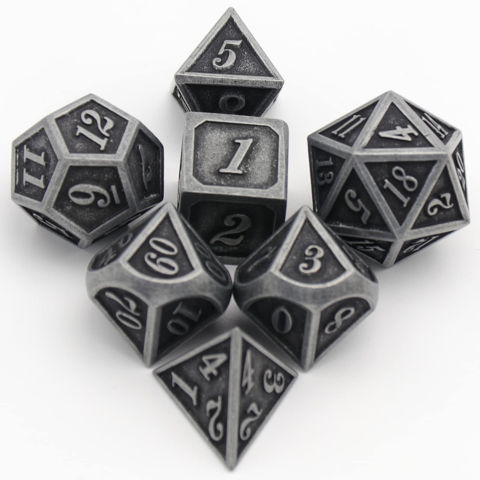 HNCCESG Metal Dice Set – 7 Polyhedral Zinc Alloy Dice for D&D and RPGs (Ancient Silver)