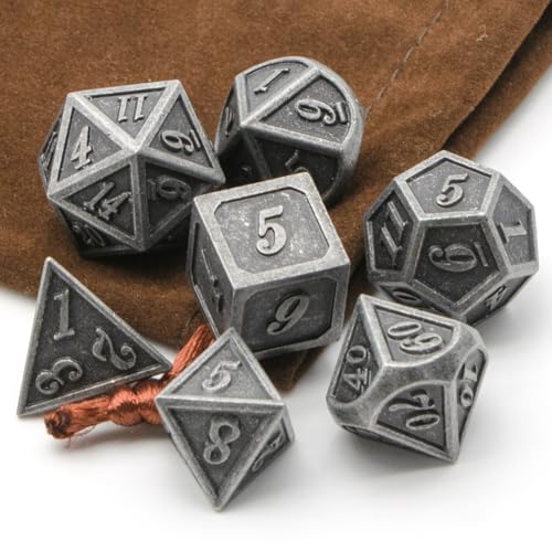 HNCCESG Metal Dice Set – 7 Polyhedral Zinc Alloy Dice for D&D and RPGs (Ancient Silver)