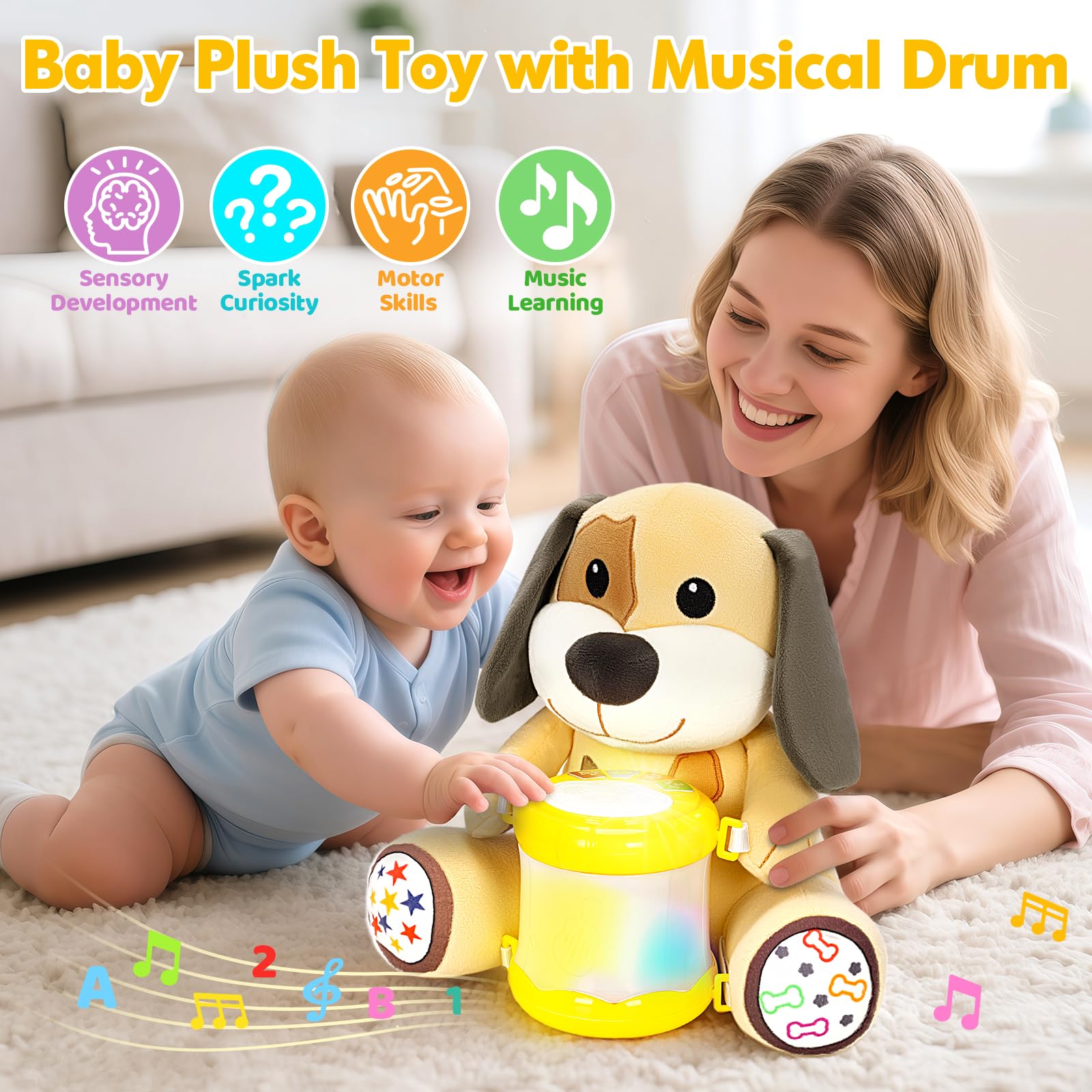Hodurgyi Puppy Musical Plush Toy for 6-12 Months: Lights, Songs, ABCs, Animal Sounds, Detachable Drum