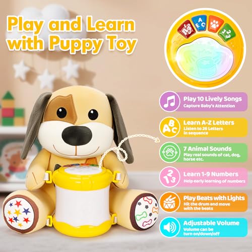 Hodurgyi Puppy Musical Plush Toy for 6-12 Months: Lights, Songs, ABCs, Animal Sounds, Detachable Drum