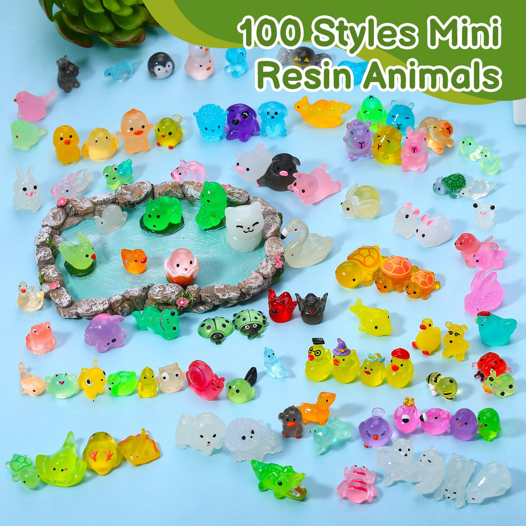 Hoemwarm 100-Piece Glow-in-the-Dark Mini Resin Animals – Unique Figurines for Dollhouse, Garden, Aquarium & DIY Decor