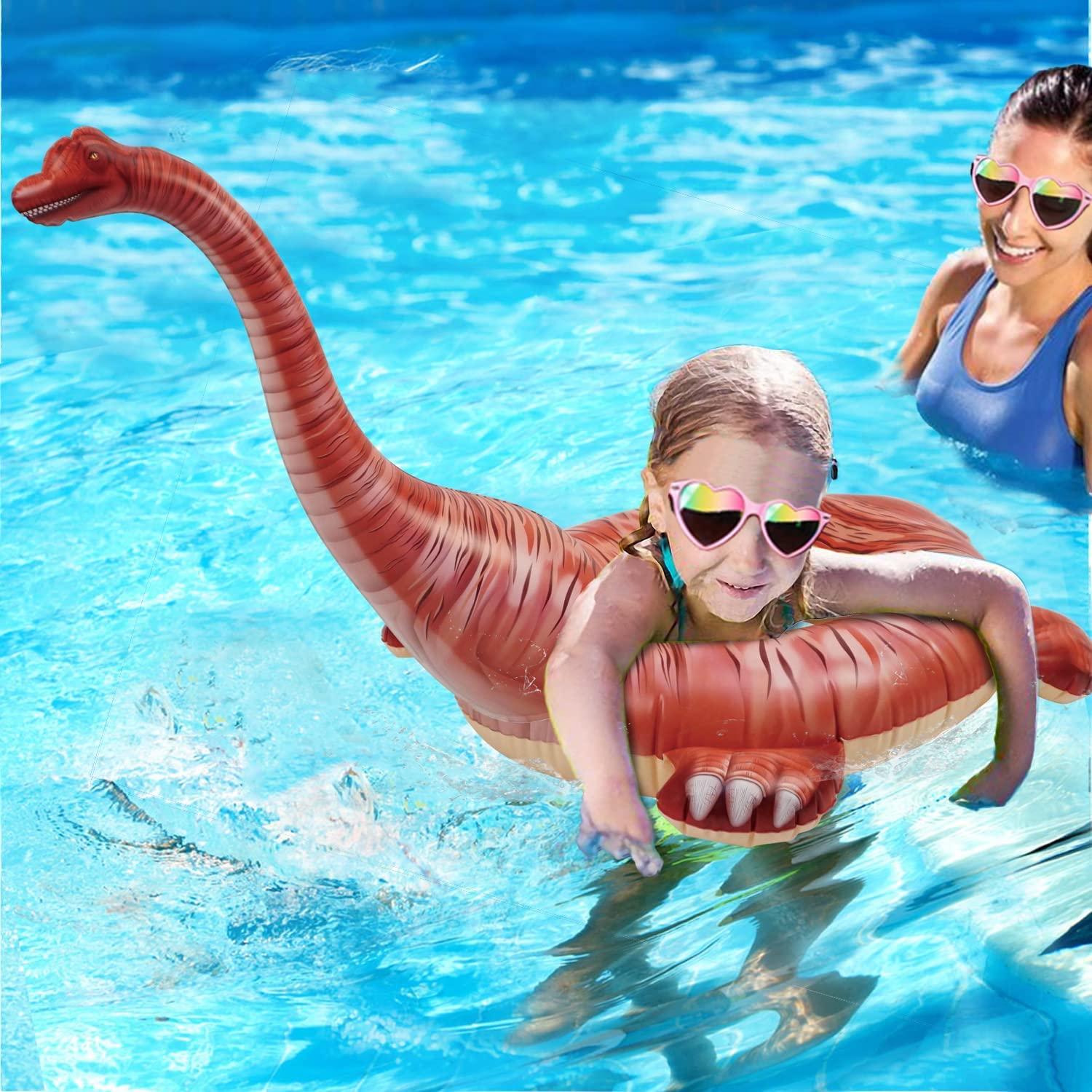 HOHQB Inflatable Dinosaur Pool Floats for Kids - Lifelike Raptor, Brachiosaurus, Triceratops Floaties