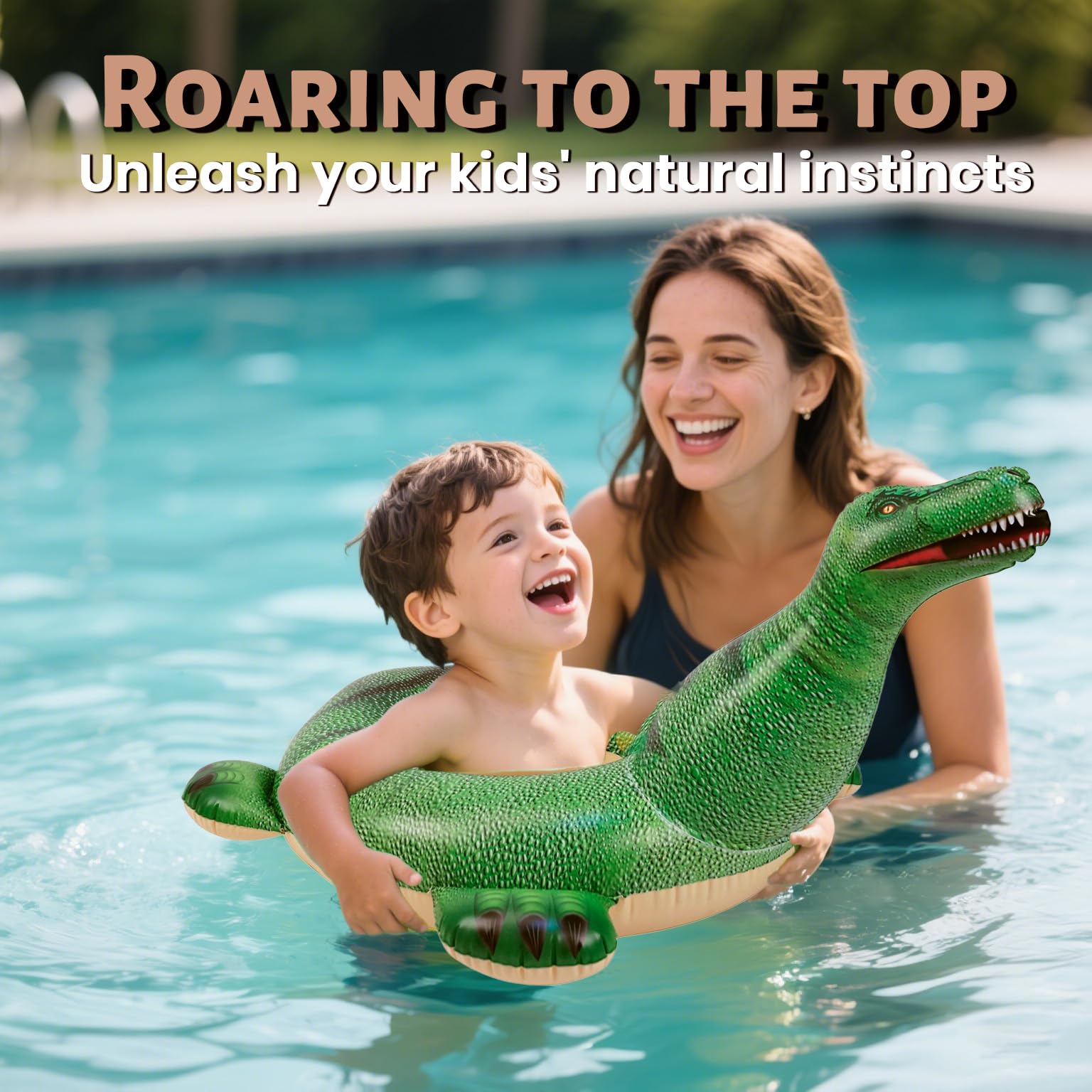 HOHQB Lifelike Inflatable Dinosaur Pool Float for Kids – 37" Green Dino Ring for Ages 3-12