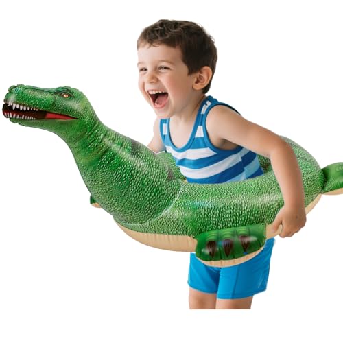 HOHQB Lifelike Inflatable Dinosaur Pool Float for Kids – 37" Green Dino Ring for Ages 3-12