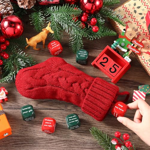 Hollowfly Christmas Dice Game – 6 Gift Exchange Dice with Stocking, Red & Green