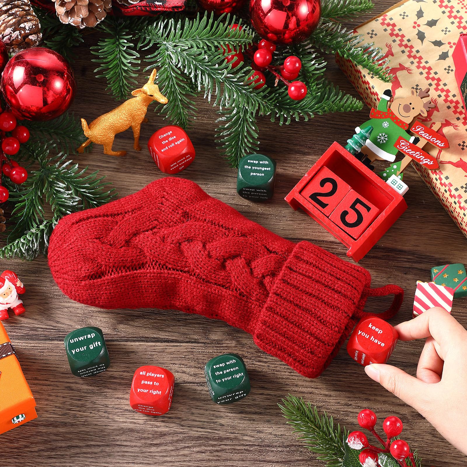Hollowfly Christmas Dice Game – 6 Gift Exchange Dice with Stocking, Red & Green