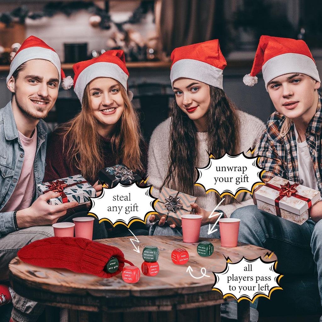 Hollowfly Christmas Dice Game – 6 Gift Exchange Dice with Stocking, Red & Green