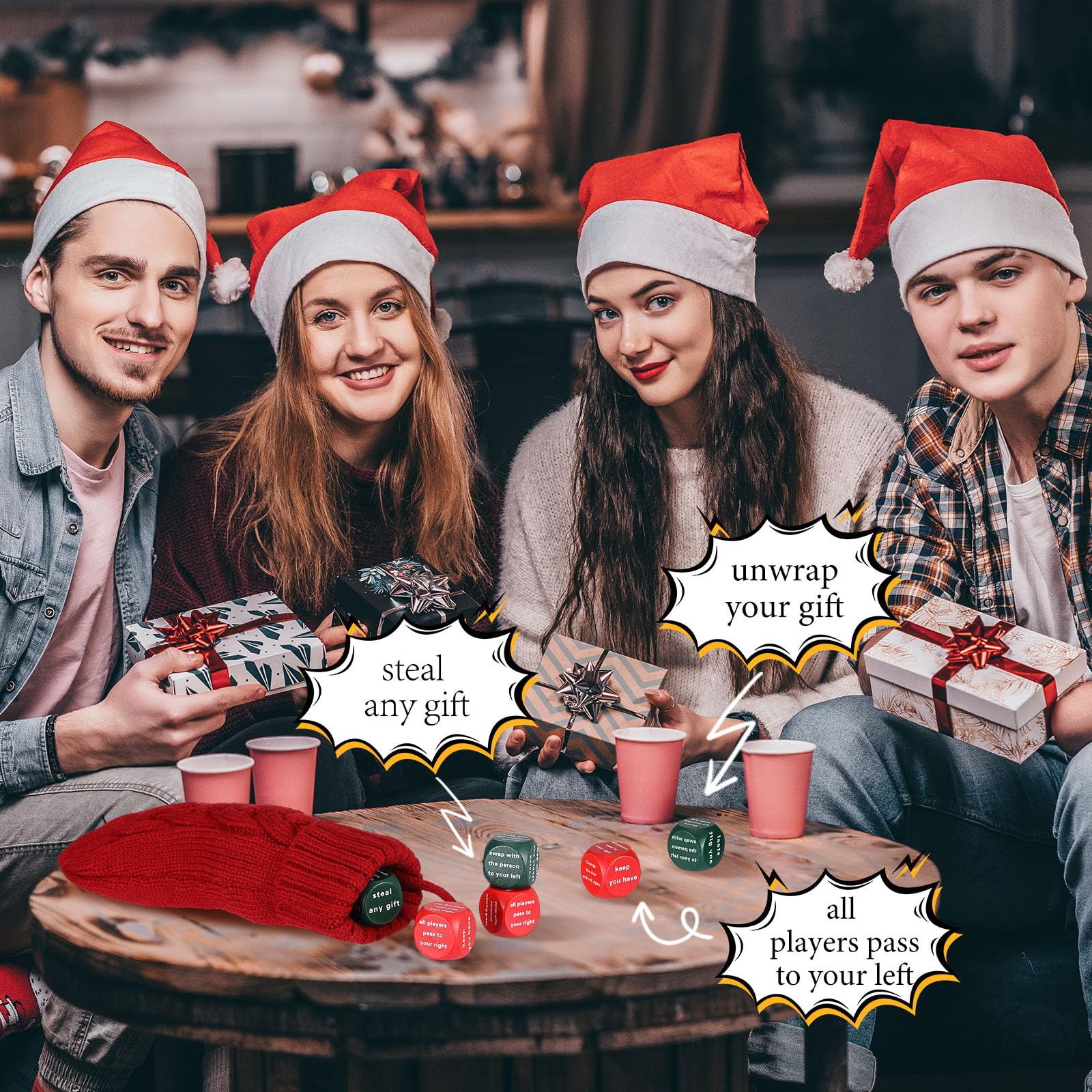 Hollowfly Christmas Dice Game – 6 Gift Exchange Dice with Stocking, Red & Green