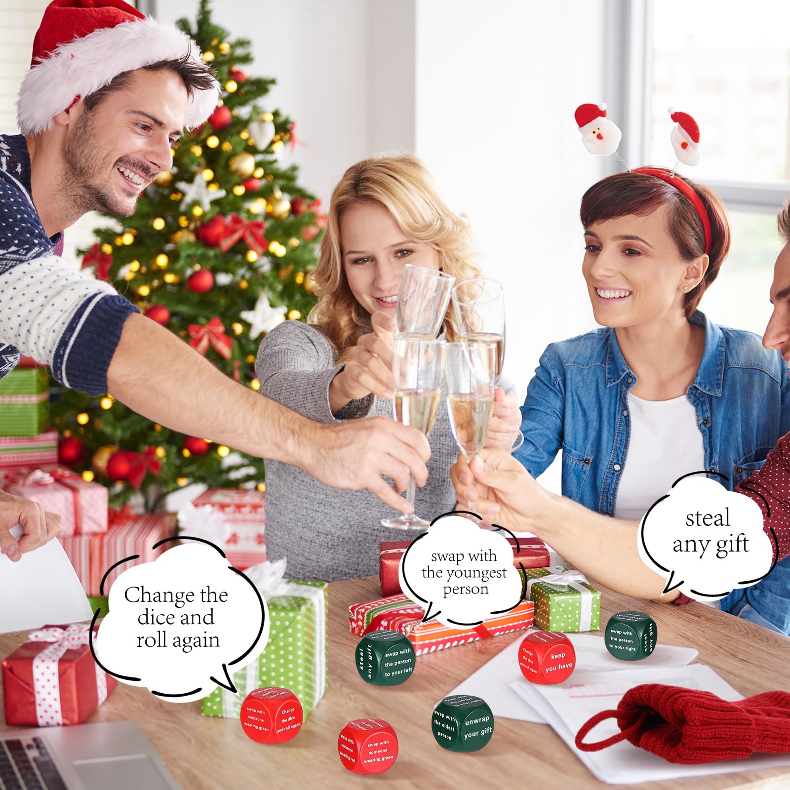Hollowfly Christmas Dice Game – 6 Gift Exchange Dice with Stocking, Red & Green