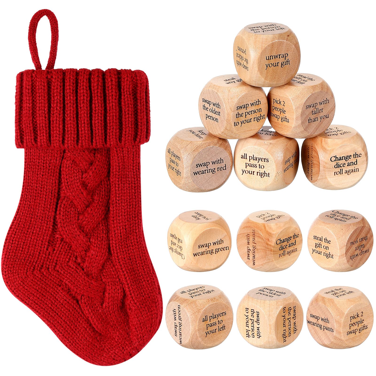 Hollowfly Christmas Dice Gift Exchange Game – 12 Wooden Dice with Stocking for Family Parties