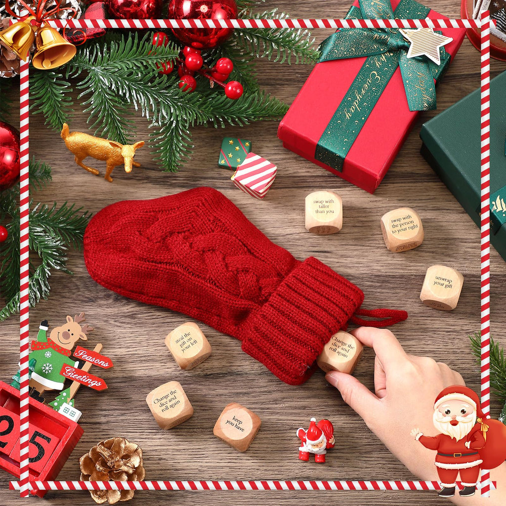 Hollowfly Christmas Dice Gift Exchange Game – 12 Wooden Dice with Stocking for Family Parties