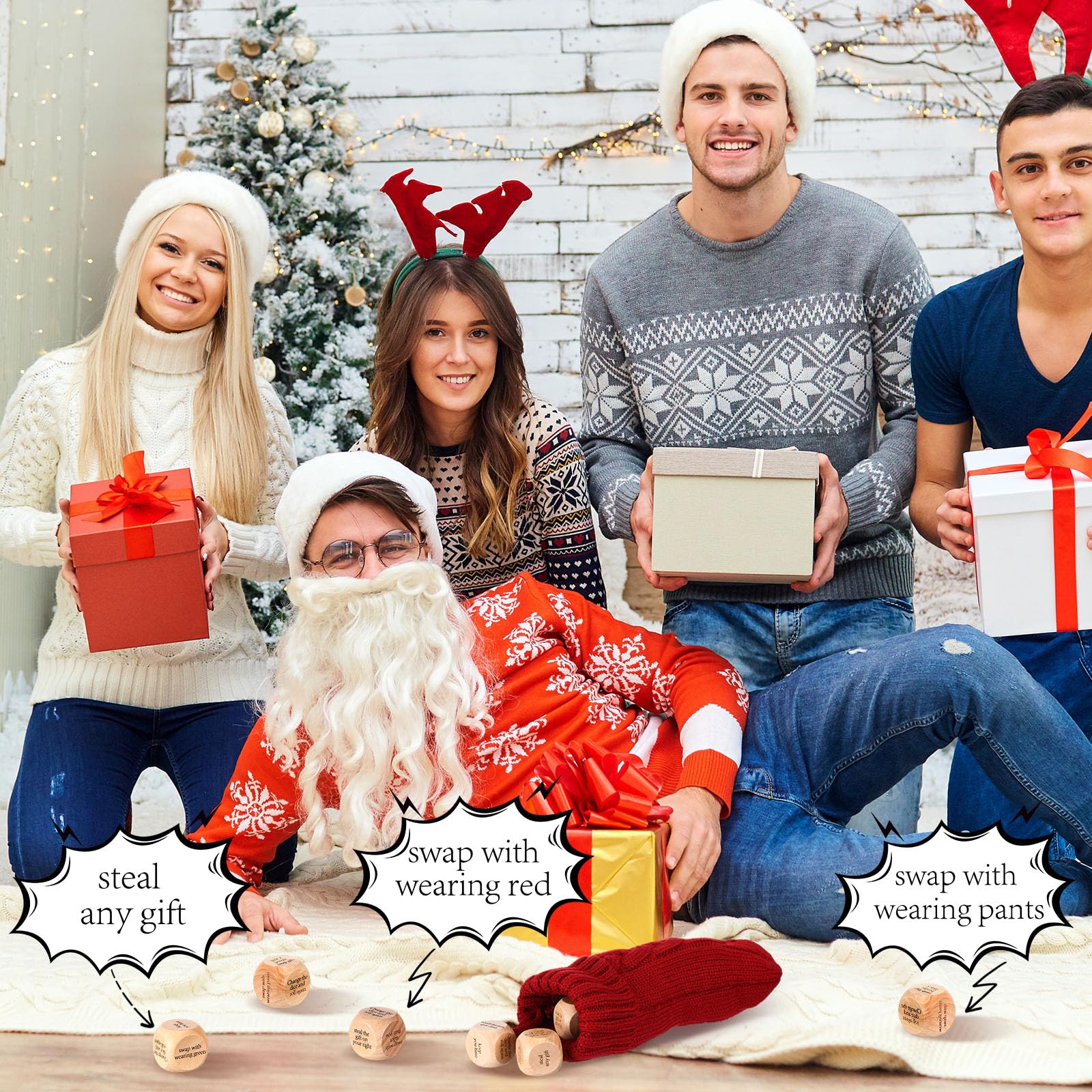 Hollowfly Christmas Dice Gift Exchange Game – 12 Wooden Dice with Stocking for Family Parties