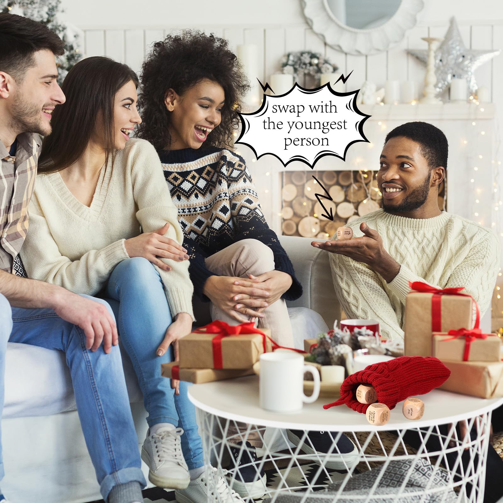 Hollowfly Christmas Dice Gift Exchange Game – 12 Wooden Dice with Stocking for Family Parties