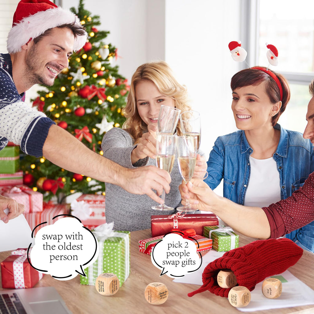 Hollowfly Christmas Dice Gift Exchange Game – 12 Wooden Dice with Stocking for Family Parties