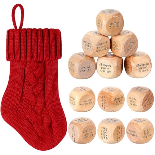 Hollowfly Christmas Dice Gift Exchange Game – 12 Wooden Dice with Stocking for Family Parties