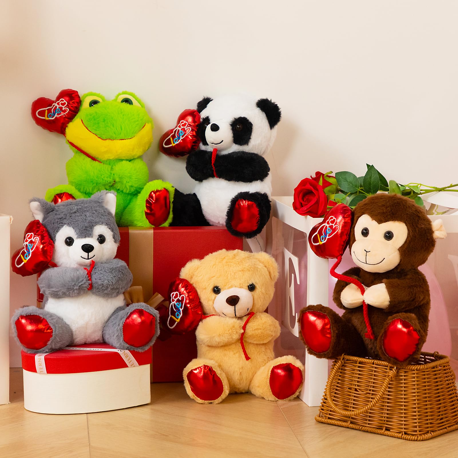 HollyHOME 10-Inch Panda Plush with Heart Balloon – Red Feet, Soft Cuddle Toy for Valentine's