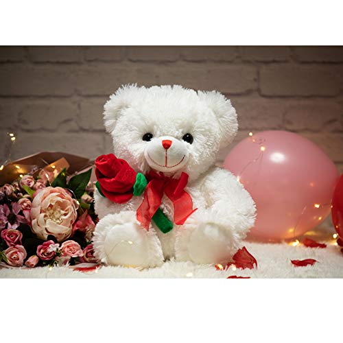 HollyHOME 12-Inch White Teddy Bear with Red Rose and Bow – Soft Plush Stuffed Animal Gift