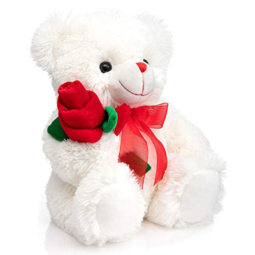 HollyHOME 12-Inch White Teddy Bear with Red Rose and Bow – Soft Plush Stuffed Animal Gift