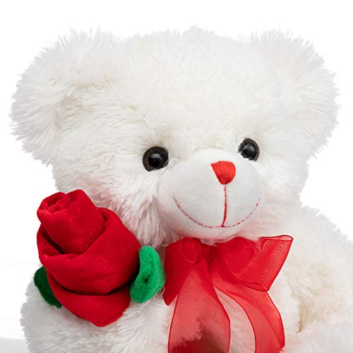 HollyHOME 12-Inch White Teddy Bear with Red Rose and Bow – Soft Plush Stuffed Animal Gift