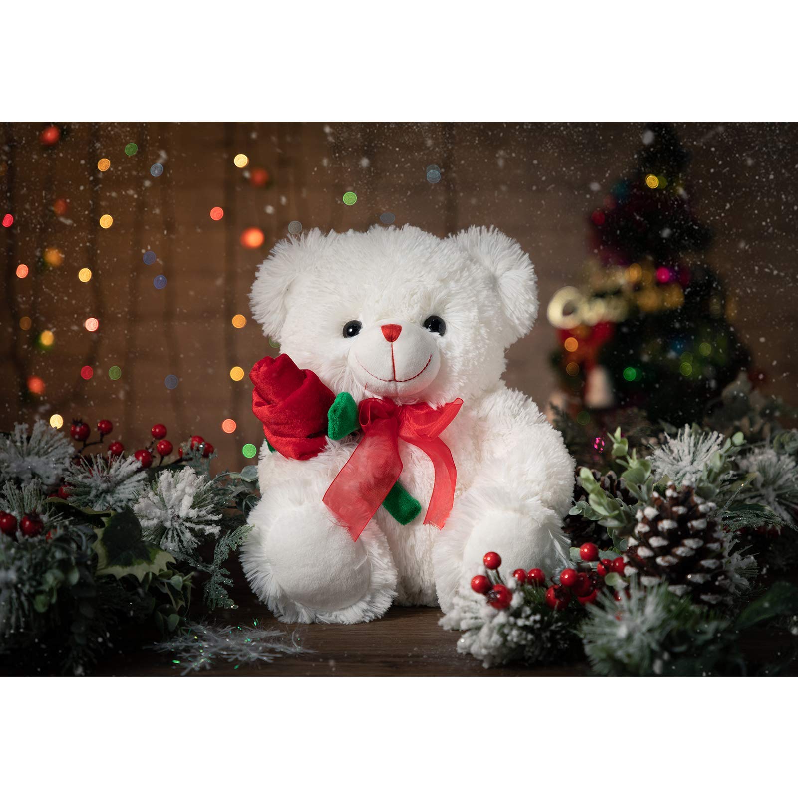 HollyHOME 12-Inch White Teddy Bear with Red Rose and Bow – Soft Plush Stuffed Animal Gift
