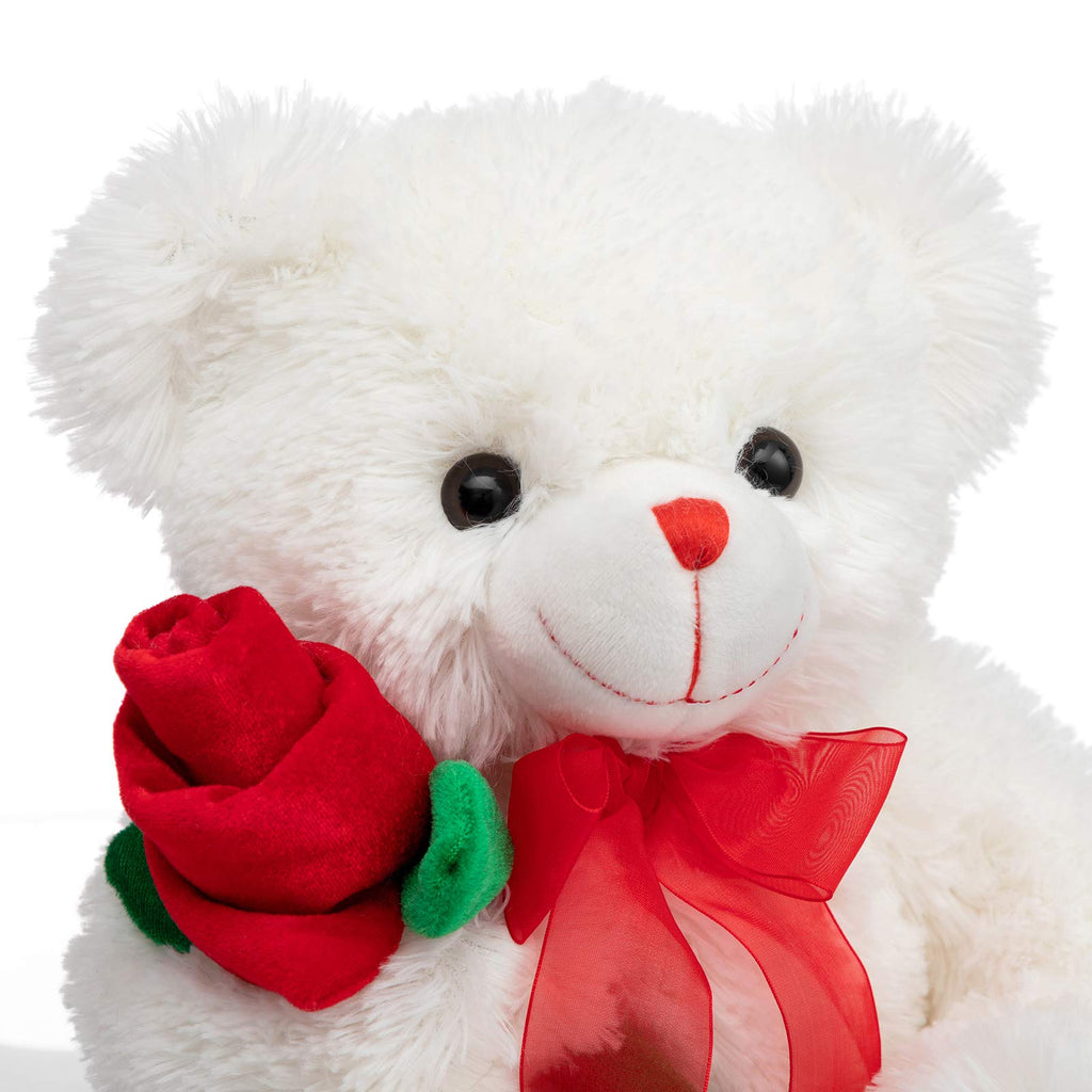HollyHOME 12-Inch White Teddy Bear with Red Rose and Bow – Soft Plush Stuffed Animal Gift