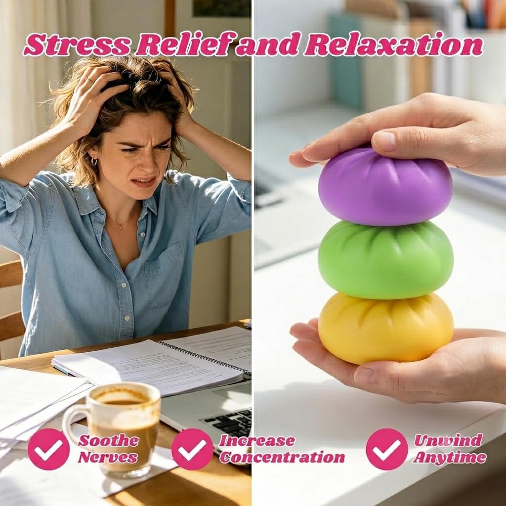 Home&Husky 5-Pack Colorful Dumpling Squishy Stress Balls with Mini Steamers - Sensory Fidget Toys for Stress Relief