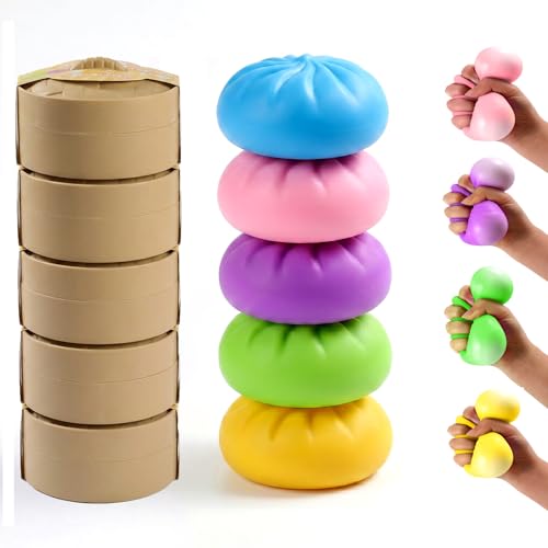 Home&Husky 5-Pack Colorful Dumpling Squishy Stress Balls with Mini Steamers - Sensory Fidget Toys for Stress Relief