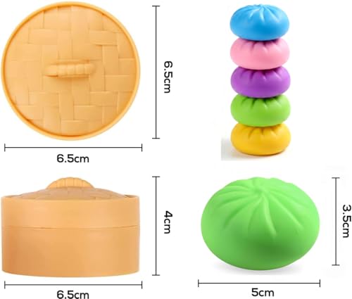 Home&Husky 5-Pack Colorful Dumpling Squishy Stress Balls with Mini Steamers - Sensory Fidget Toys for Stress Relief